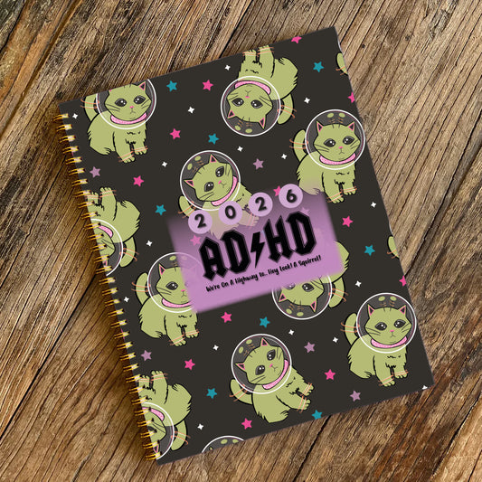 2026 Alien Kitty, Hard Cover, Black & White- Neurospicy Planner